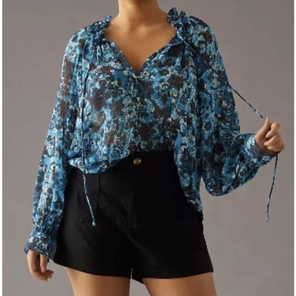 Anthropologie Blue Floral Peasant Blouse Womens Medium Sheer Ruffled Boho Top